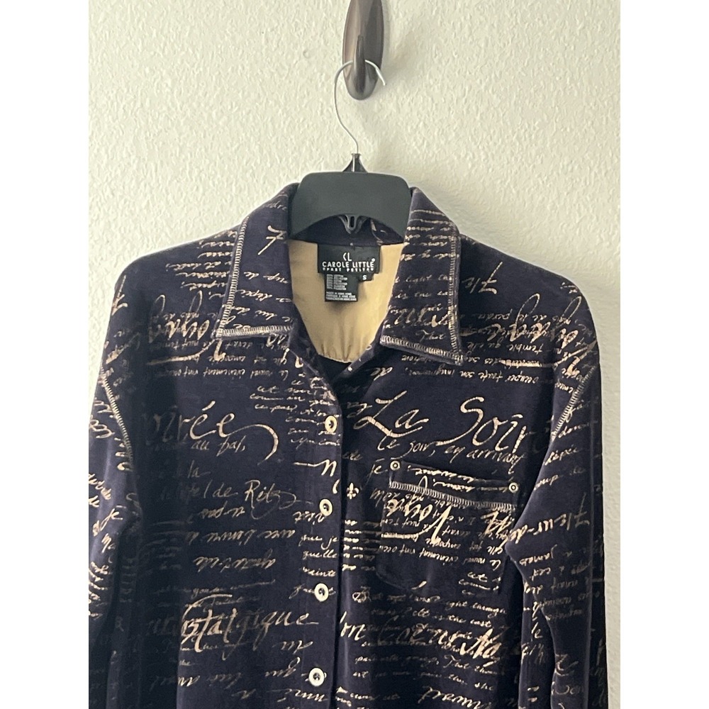 Carole Little Vintage Velvet Script Long Sleeve Button Down Shirt Size S - Picture 3 of 8